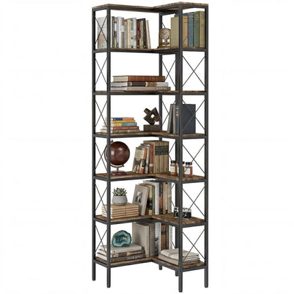 HOMCOM 6-Tier L-Shaped Bookshelf, Freestanding Corner Bookcase with Metal Frame, Rustic Brown Additional View 15