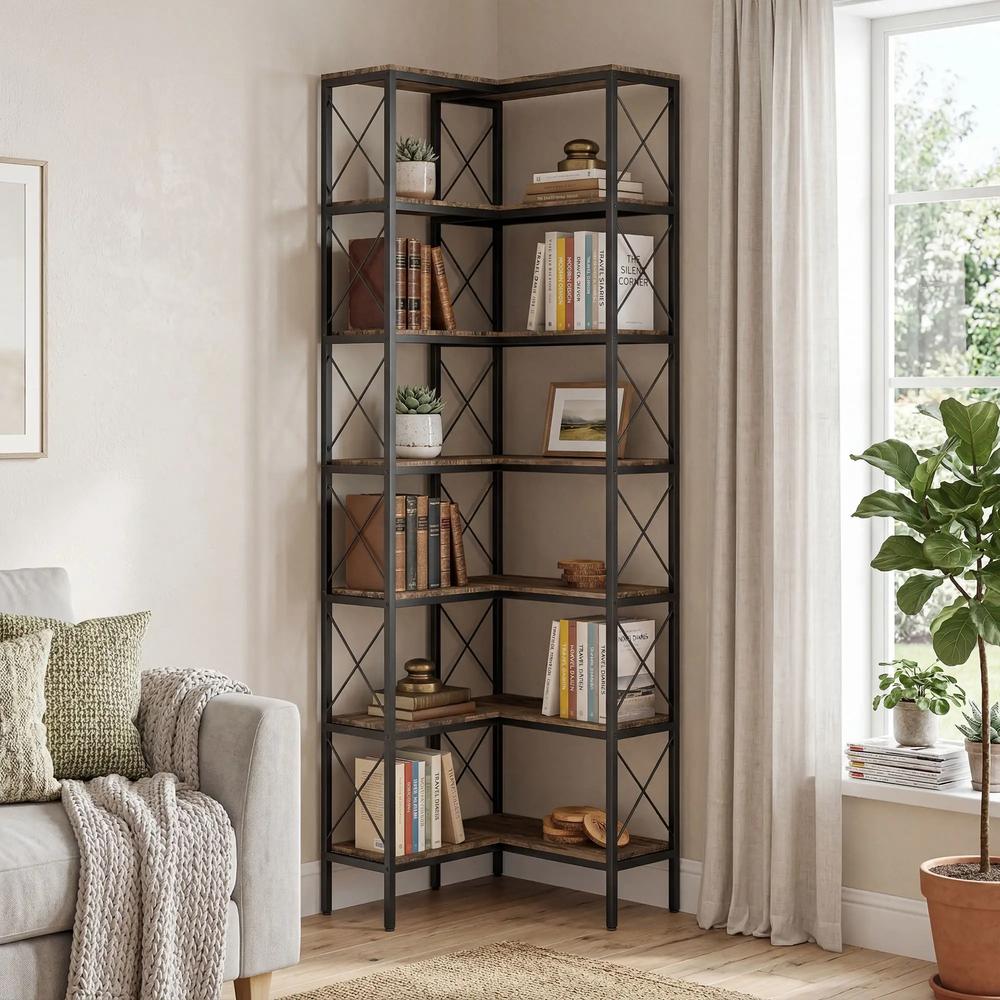 HOMCOM 6-Tier L-Shaped Bookshelf, Freestanding Corner Bookcase with Metal Frame, Rustic Brown Additional View 2