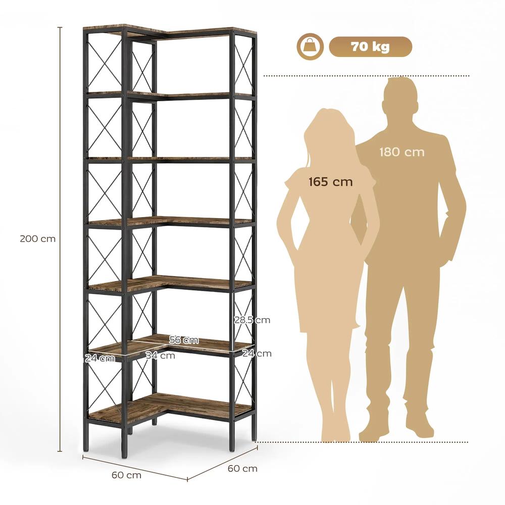 HOMCOM 6-Tier L-Shaped Bookshelf, Freestanding Corner Bookcase with Metal Frame, Rustic Brown Additional View 3