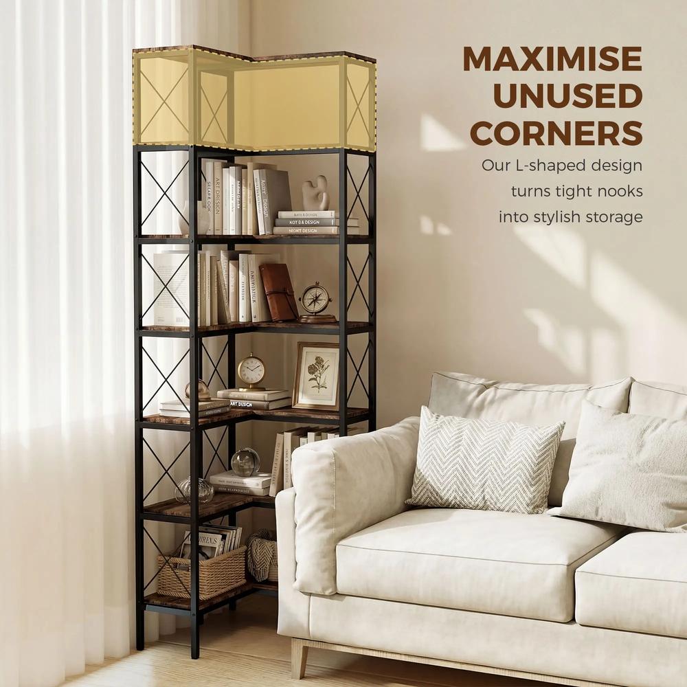 HOMCOM 6-Tier L-Shaped Bookshelf, Freestanding Corner Bookcase with Metal Frame, Rustic Brown Additional View 4