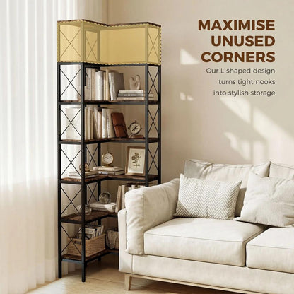 HOMCOM 6-Tier L-Shaped Bookshelf, Freestanding Corner Bookcase with Metal Frame, Rustic Brown Additional View 4