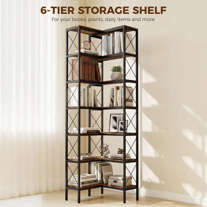 HOMCOM 6-Tier L-Shaped Bookshelf, Freestanding Corner Bookcase with Metal Frame, Rustic Brown Additional View 5