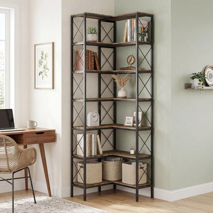 HOMCOM 6-Tier L-Shaped Bookshelf, Freestanding Corner Bookcase with Metal Frame, Rustic Brown Additional View 8