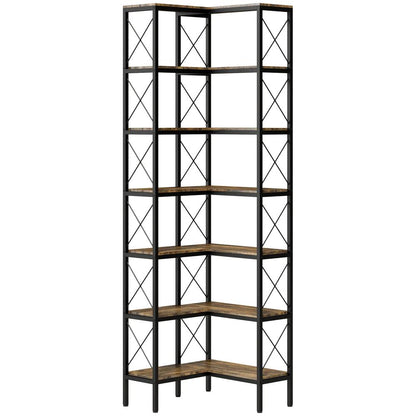 HOMCOM 6-Tier L-Shaped Bookshelf, Freestanding Corner Bookcase with Metal Frame, Rustic Brown