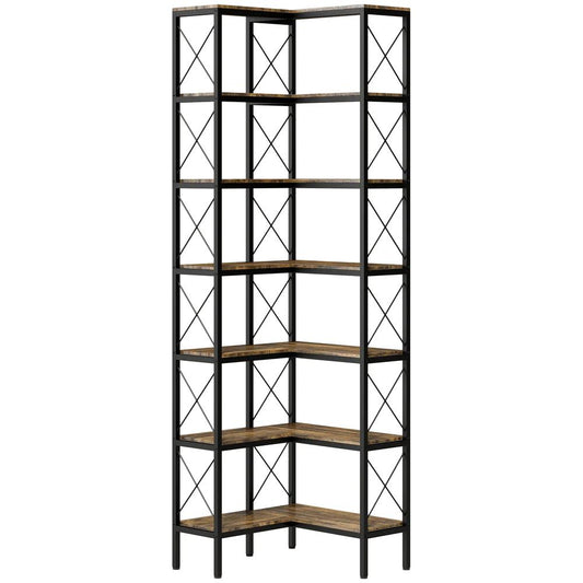 HOMCOM 6-Tier L-Shaped Bookshelf, Freestanding Corner Bookcase with Metal Frame, Rustic Brown