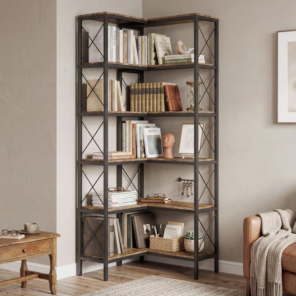 HOMCOM 5-Tier L-Shaped Bookshelf, Freestanding Corner Bookcase with Metal Frame, Rustic Brown Additional View 2