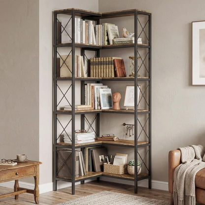 HOMCOM 5-Tier L-Shaped Bookshelf, Freestanding Corner Bookcase with Metal Frame, Rustic Brown Additional View 2