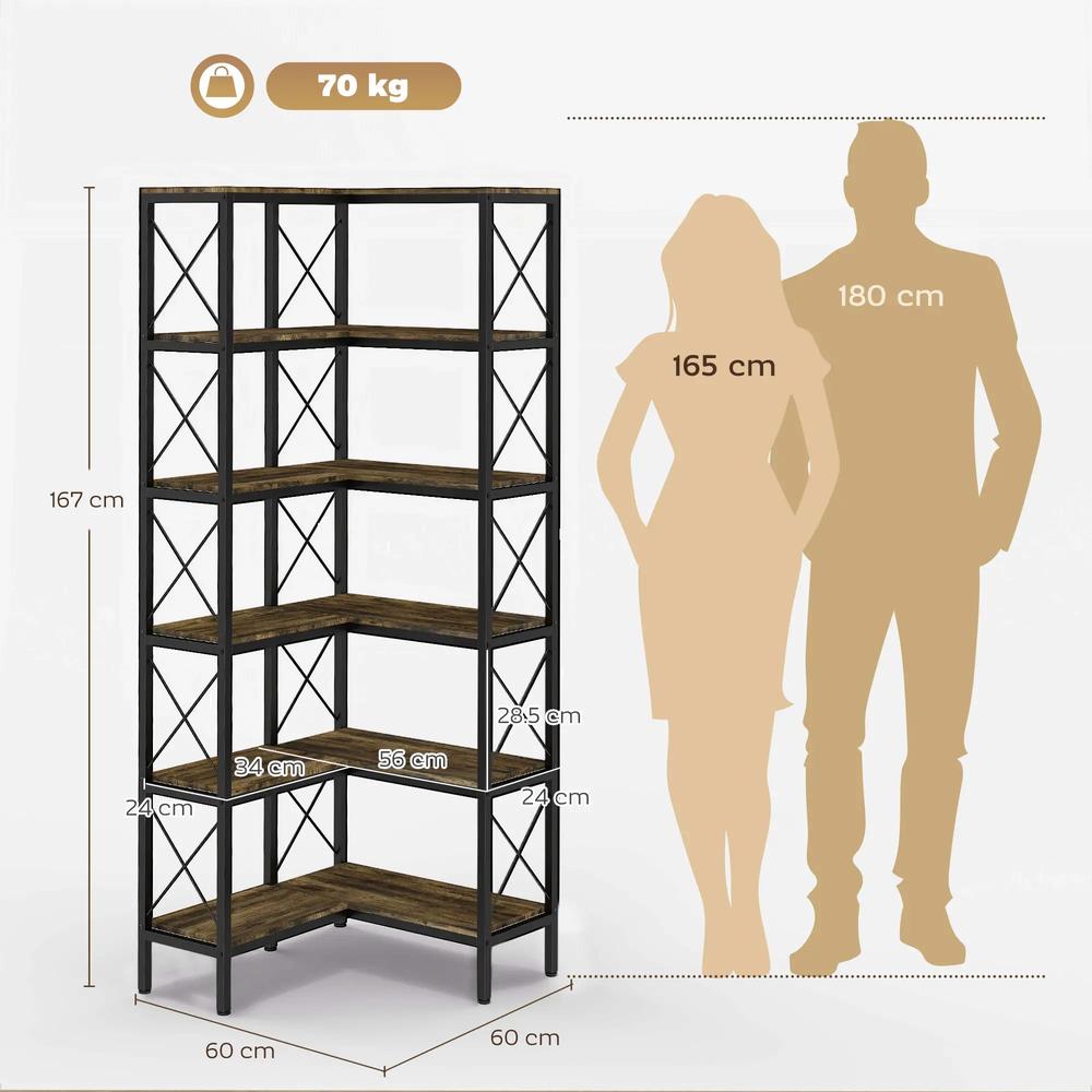 HOMCOM 5-Tier L-Shaped Bookshelf, Freestanding Corner Bookcase with Metal Frame, Rustic Brown Additional View 3