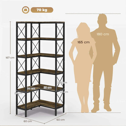 HOMCOM 5-Tier L-Shaped Bookshelf, Freestanding Corner Bookcase with Metal Frame, Rustic Brown Additional View 3