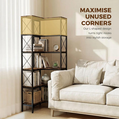 HOMCOM 5-Tier L-Shaped Bookshelf, Freestanding Corner Bookcase with Metal Frame, Rustic Brown Additional View 4