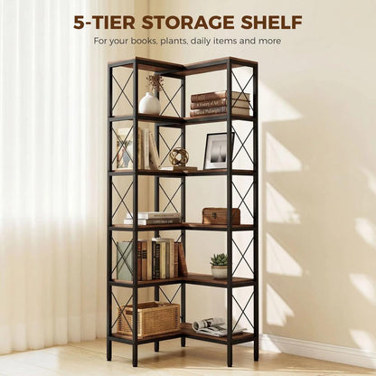 HOMCOM 5-Tier L-Shaped Bookshelf, Freestanding Corner Bookcase with Metal Frame, Rustic Brown Additional View 5