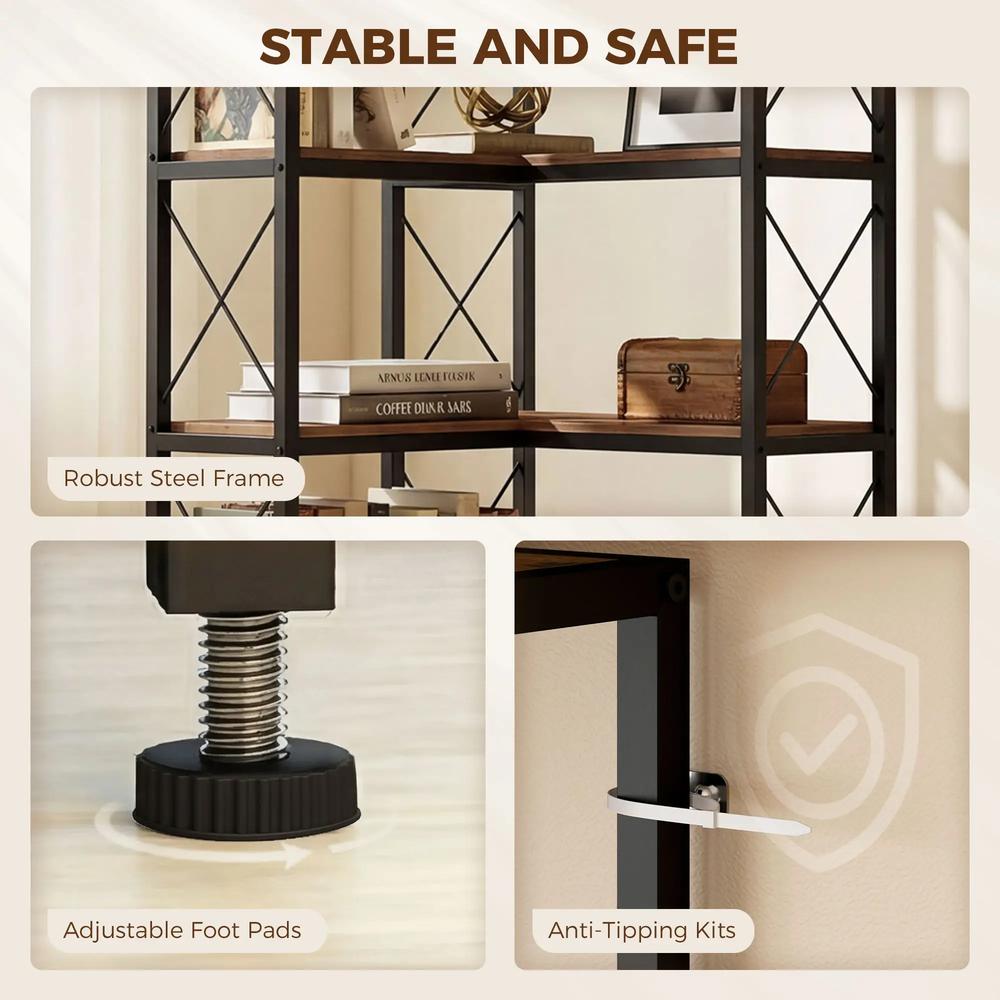 HOMCOM 5-Tier L-Shaped Bookshelf, Freestanding Corner Bookcase with Metal Frame, Rustic Brown Additional View 6