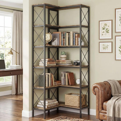 HOMCOM 5-Tier L-Shaped Bookshelf, Freestanding Corner Bookcase with Metal Frame, Rustic Brown Additional View 8