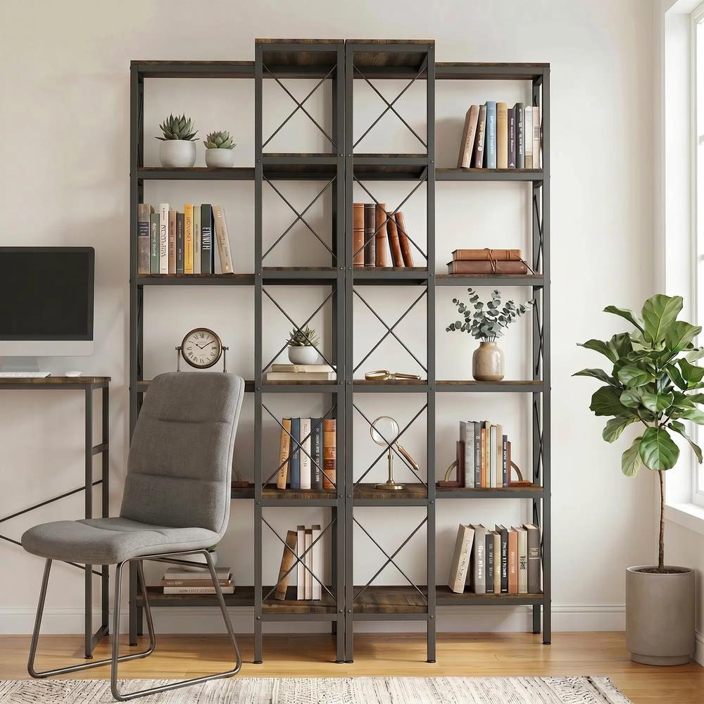 HOMCOM 5-Tier L-Shaped Bookshelf, Freestanding Corner Bookcase with Metal Frame, Rustic Brown Additional View 9