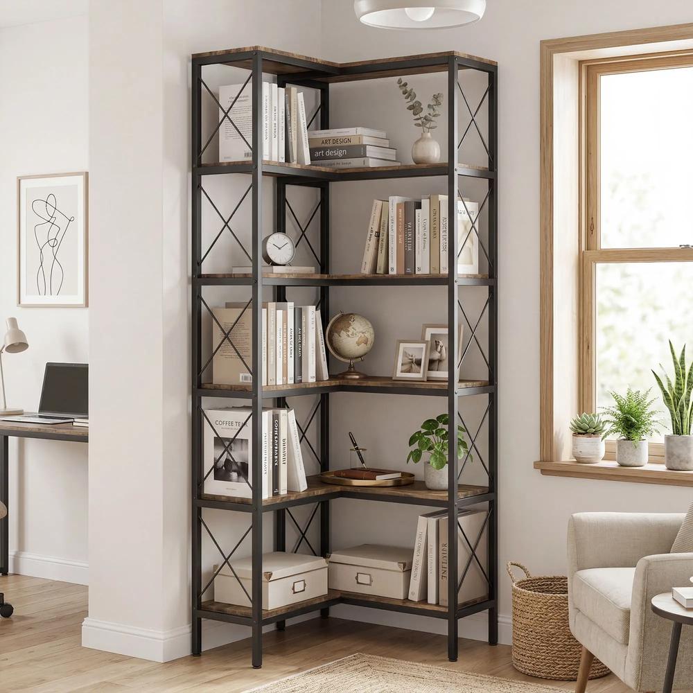 HOMCOM 5-Tier L-Shaped Bookshelf, Freestanding Corner Bookcase with Metal Frame, Rustic Brown Additional View 10