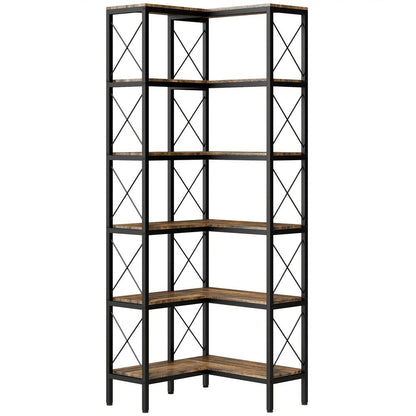 HOMCOM 5-Tier L-Shaped Bookshelf, Freestanding Corner Bookcase with Metal Frame, Rustic Brown