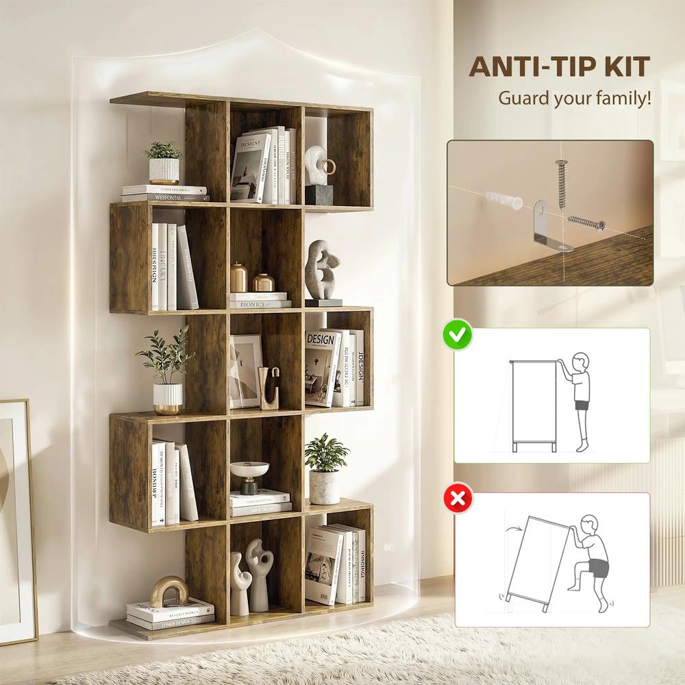 HOMCOM 5-Tier Bookshelf, S Shaped Geometric Bookcase with 15 Compartments Additional View 7