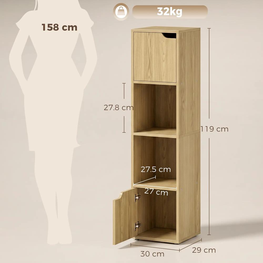 HOMCOM Narrow Bookcase, 4-Tier Bookshelf, Storage Cabinet with doors for Living Room, Bedroom Additional View 3