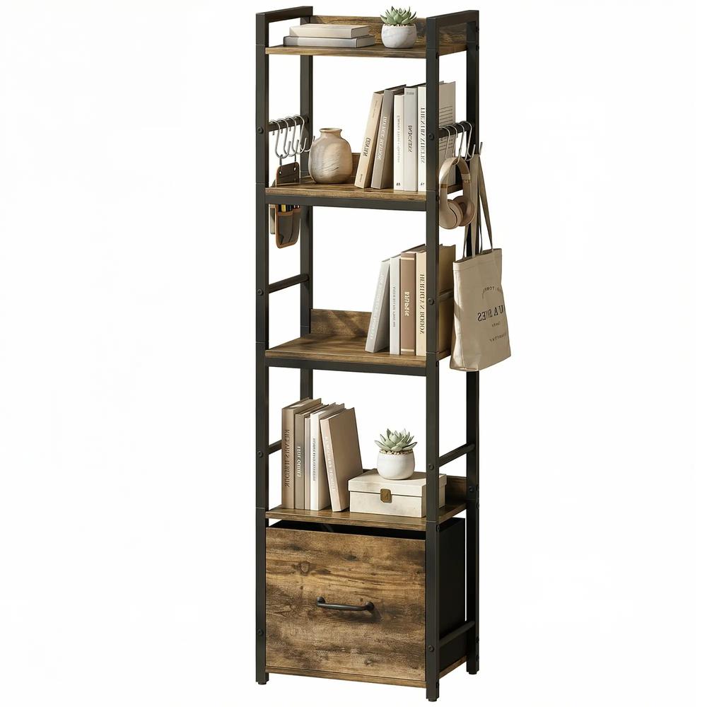 HOMCOM 4-Tier Bookshelf, Narrow Bookcase with Drawer, 8 Hooks, Metal Frame Additional View 11