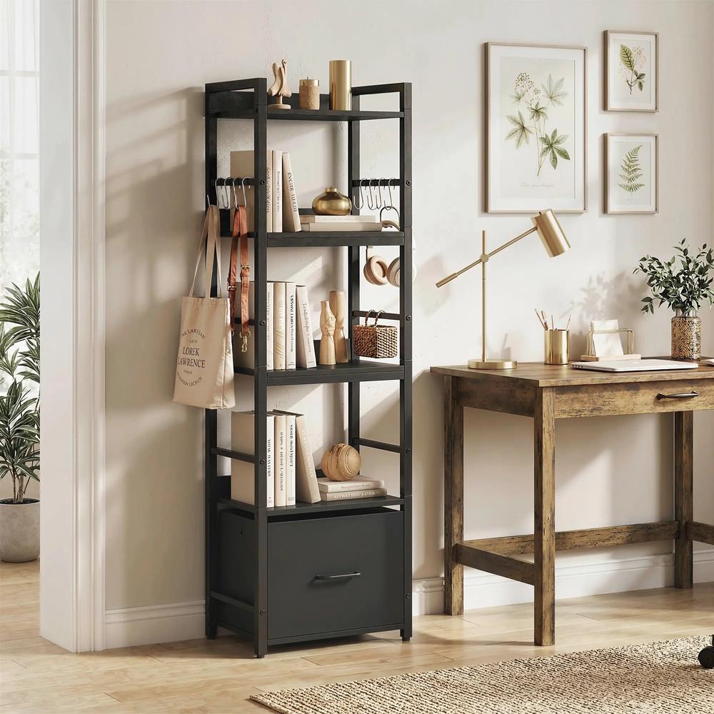 HOMCOM 4-Tier Bookshelf, Narrow Bookcase with Drawer, 8 Hooks, Metal Frame Additional View 13