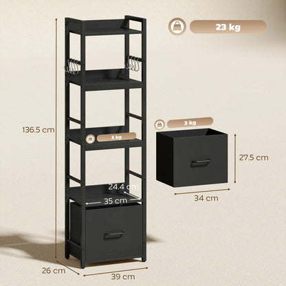 HOMCOM 4-Tier Bookshelf, Narrow Bookcase with Drawer, 8 Hooks, Metal Frame Additional View 14
