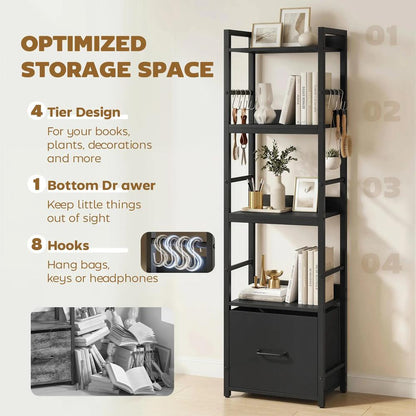 HOMCOM 4-Tier Bookshelf, Narrow Bookcase with Drawer, 8 Hooks, Metal Frame Additional View 15