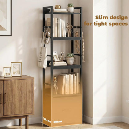 HOMCOM 4-Tier Bookshelf, Narrow Bookcase with Drawer, 8 Hooks, Metal Frame Additional View 16