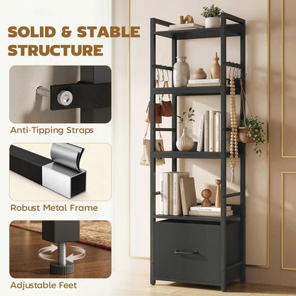 HOMCOM 4-Tier Bookshelf, Narrow Bookcase with Drawer, 8 Hooks, Metal Frame Additional View 17