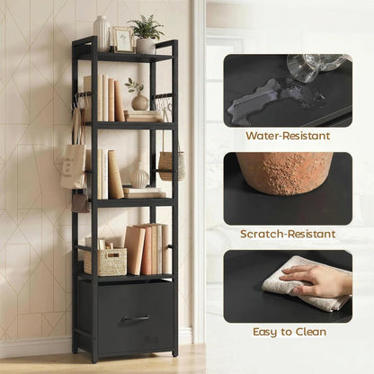 HOMCOM 4-Tier Bookshelf, Narrow Bookcase with Drawer, 8 Hooks, Metal Frame Additional View 18