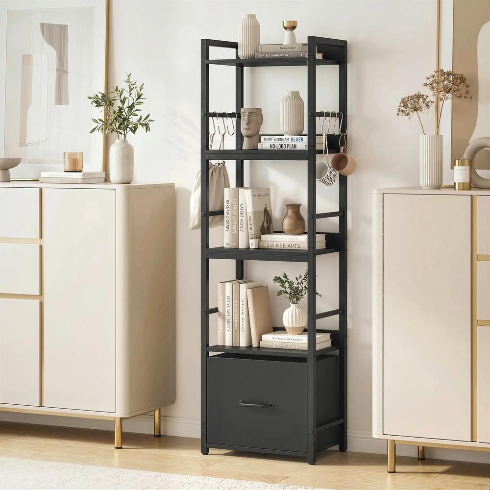 HOMCOM 4-Tier Bookshelf, Narrow Bookcase with Drawer, 8 Hooks, Metal Frame Additional View 19
