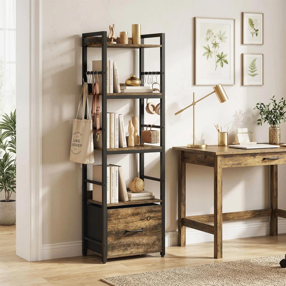 HOMCOM 4-Tier Bookshelf, Narrow Bookcase with Drawer, 8 Hooks, Metal Frame Additional View 2