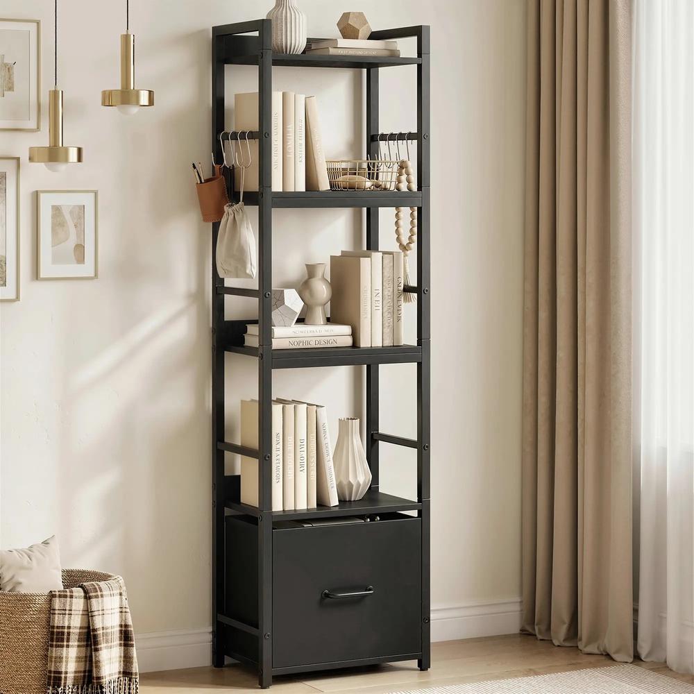 HOMCOM 4-Tier Bookshelf, Narrow Bookcase with Drawer, 8 Hooks, Metal Frame Additional View 21