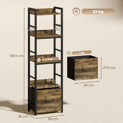 HOMCOM 4-Tier Bookshelf, Narrow Bookcase with Drawer, 8 Hooks, Metal Frame Additional View 3
