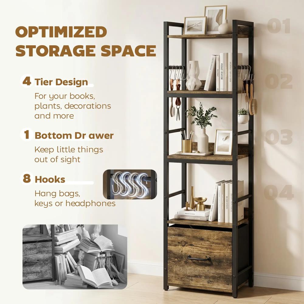 HOMCOM 4-Tier Bookshelf, Narrow Bookcase with Drawer, 8 Hooks, Metal Frame Additional View 4