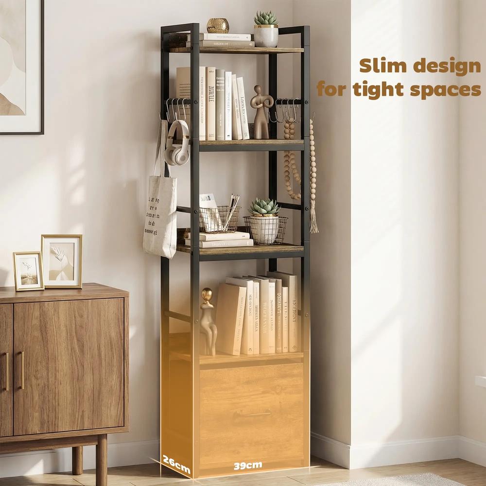 HOMCOM 4-Tier Bookshelf, Narrow Bookcase with Drawer, 8 Hooks, Metal Frame Additional View 5