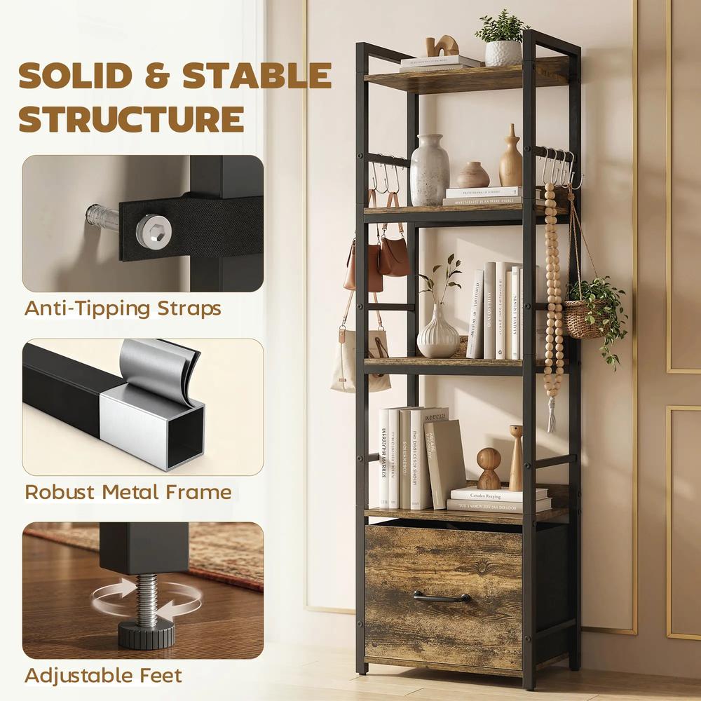 HOMCOM 4-Tier Bookshelf, Narrow Bookcase with Drawer, 8 Hooks, Metal Frame Additional View 6