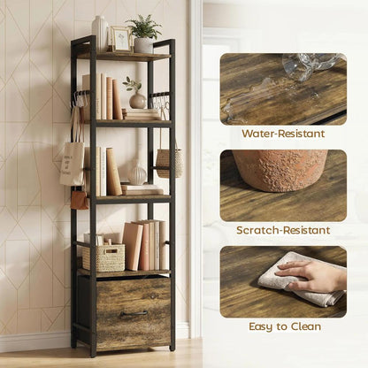 HOMCOM 4-Tier Bookshelf, Narrow Bookcase with Drawer, 8 Hooks, Metal Frame Additional View 7