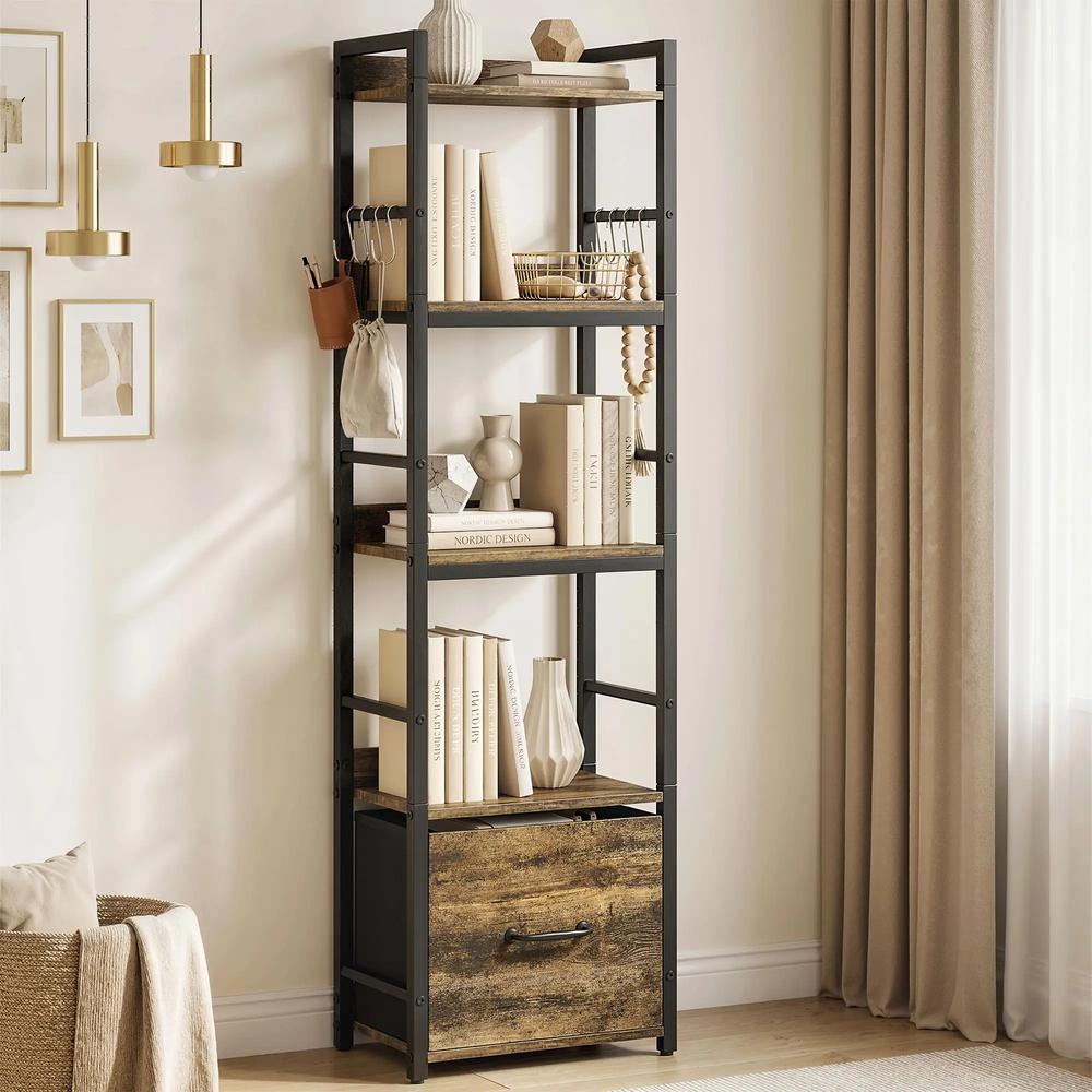 HOMCOM 4-Tier Bookshelf, Narrow Bookcase with Drawer, 8 Hooks, Metal Frame Additional View 10