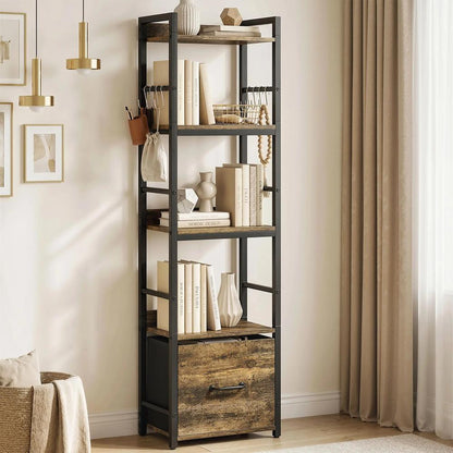 HOMCOM 4-Tier Bookshelf, Narrow Bookcase with Drawer, 8 Hooks, Metal Frame Additional View 10