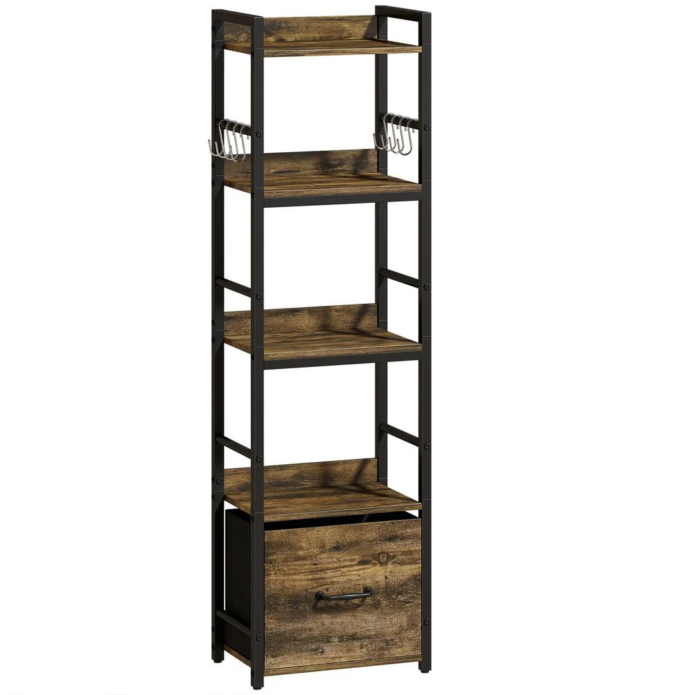 HOMCOM 4-Tier Bookshelf, Narrow Bookcase with Drawer, 8 Hooks, Metal Frame