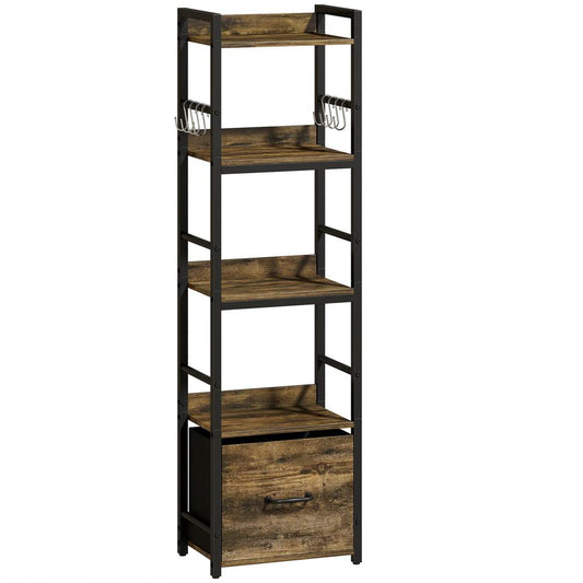 HOMCOM 4-Tier Bookshelf, Narrow Bookcase with Drawer, 8 Hooks, Metal Frame