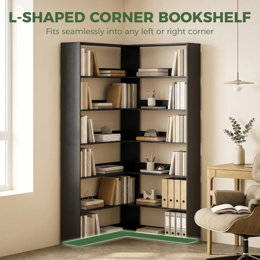 HOMCOM 7 Tiers Bookshelf, L-Shaped Corner Bookcase with Anti-Slip Rear Guard Additional View 19