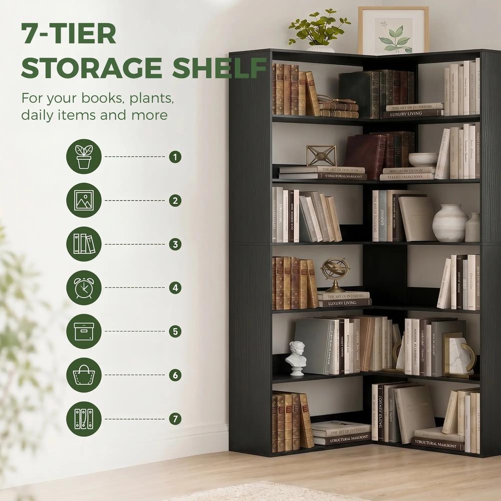 HOMCOM 7 Tiers Bookshelf, L-Shaped Corner Bookcase with Anti-Slip Rear Guard Additional View 20
