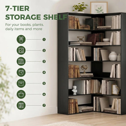 HOMCOM 7 Tiers Bookshelf, L-Shaped Corner Bookcase with Anti-Slip Rear Guard Additional View 20
