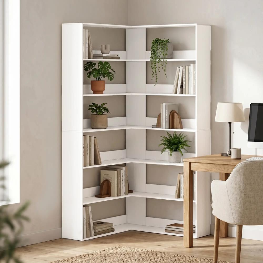 HOMCOM 7 Tiers Bookshelf, L-Shaped Corner Bookcase with Anti-Slip Rear Guard Additional View 2