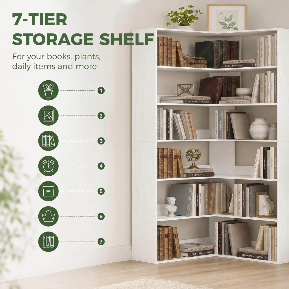 HOMCOM 7 Tiers Bookshelf, L-Shaped Corner Bookcase with Anti-Slip Rear Guard Additional View 5