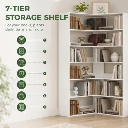 HOMCOM 7 Tiers Bookshelf, L-Shaped Corner Bookcase with Anti-Slip Rear Guard Additional View 5