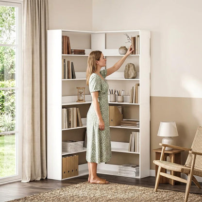 HOMCOM 7 Tiers Bookshelf, L-Shaped Corner Bookcase with Anti-Slip Rear Guard Additional View 8