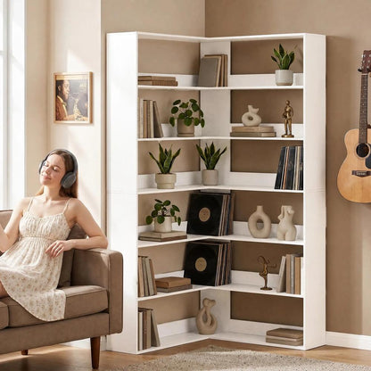 HOMCOM 7 Tiers Bookshelf, L-Shaped Corner Bookcase with Anti-Slip Rear Guard Additional View 9