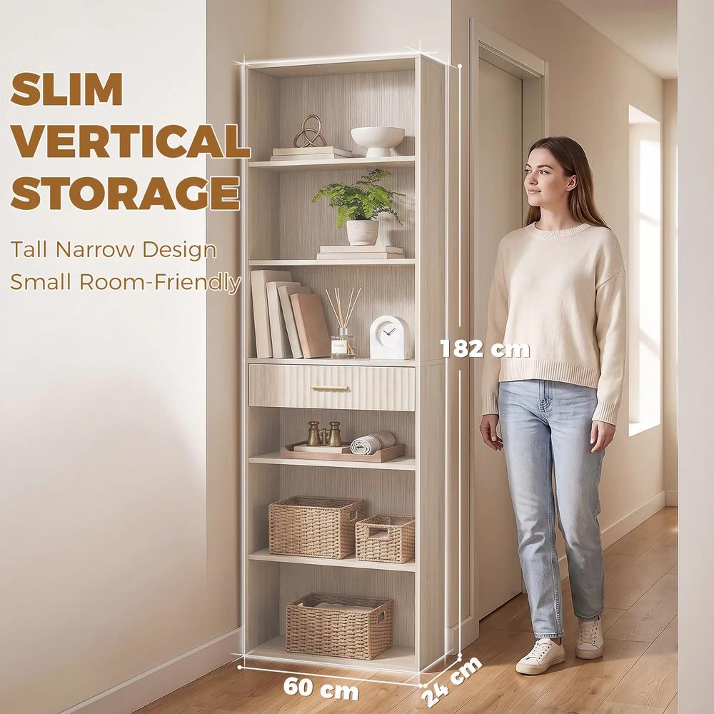 HOMCOM Bookcase Narrow Tall Space-Saving Bookshelf Drawer Open Shelves 60 x 24 x 182 cm Additional View 20